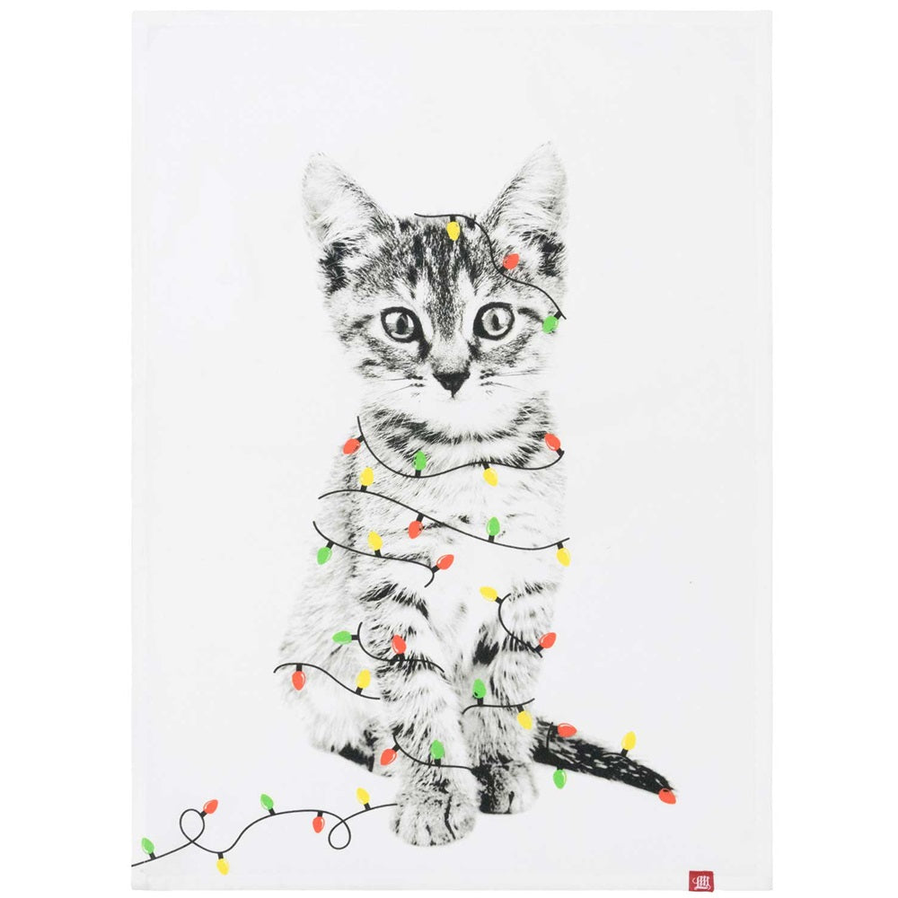 Cute kitten surrounded by colorful Christmas lights on a soft cotton tea towel, perfect for festive kitchens.
