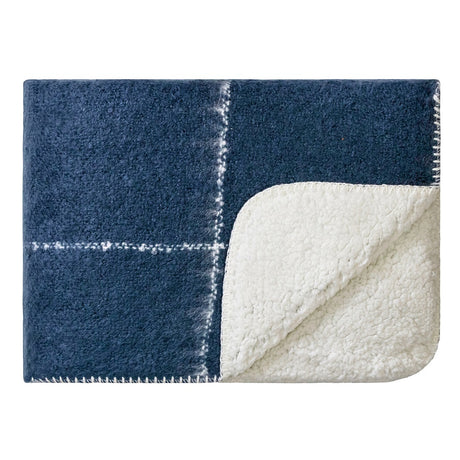 Luxurious midnight blue Sherpa knee rug, 130 x 100 cm, soft acrylic front, cozy polyester back, perfect for warmth and style.