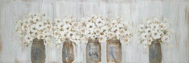 Five whimsical oil-painted vases on stretched canvas, 500x1500mm, ideal for brightening up your walls.