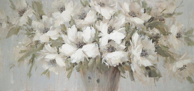 Elegant white bouquet oil painting on canvas, measuring H700 x W1500mm, beautifully stretched on a pine wood bar.