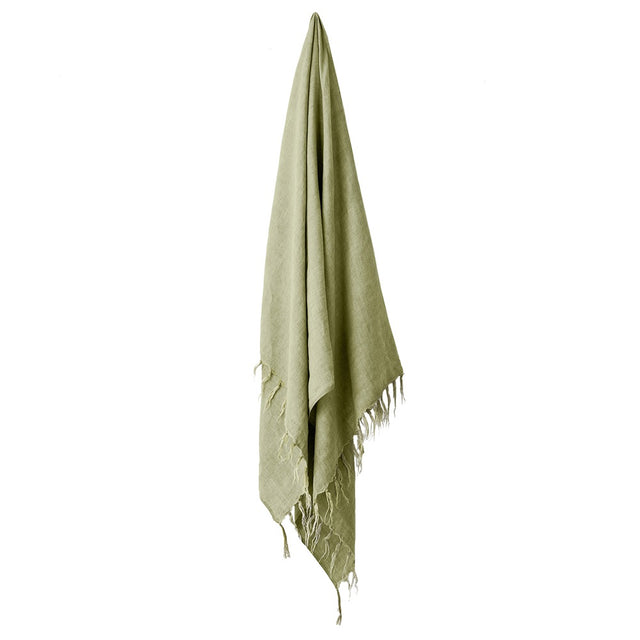 Elegant pure linen throw with fringe, vintage charm, measures 130x170cm, available in earthy tones.