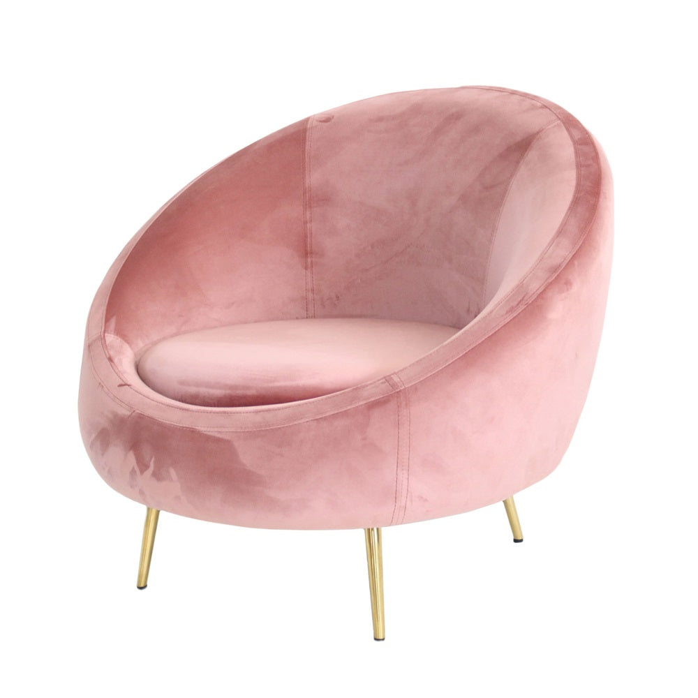 Luxurious pink velvet tub chair with golden stainless steel legs, measuring H810 x W760 x D790mm.