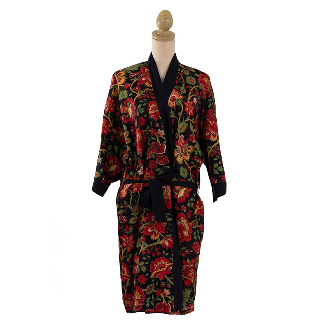 Lightweight black floral kimono robe in M/L, perfect for summer lounging or travel, with elegant knee-length design.