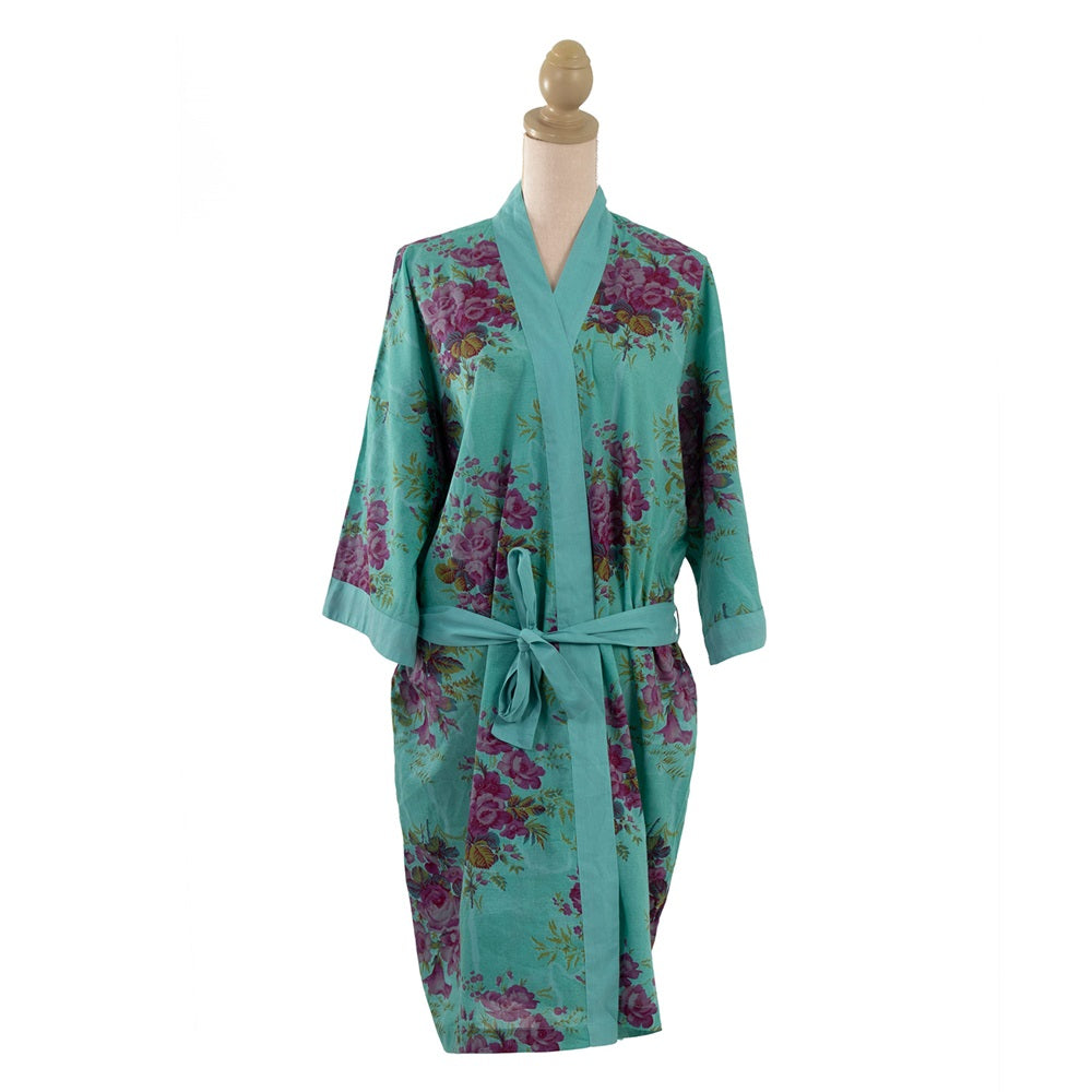 Lightweight teal floral kimono robe, 100% cotton, knee-length, perfect for summer lounging and travel, with elegant design.