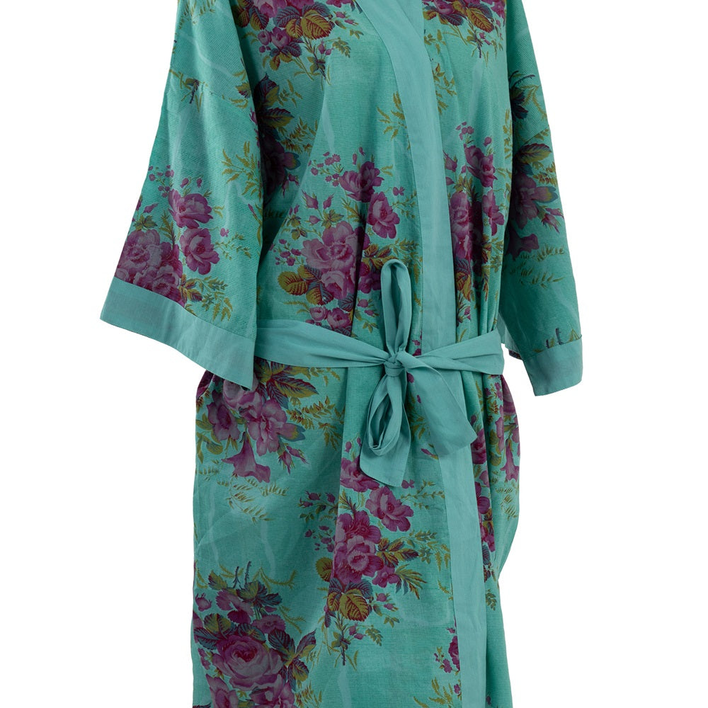 Lightweight teal floral kimono robe, knee-length, 100% cotton, perfect for summer lounging or travel, includes matching bag.