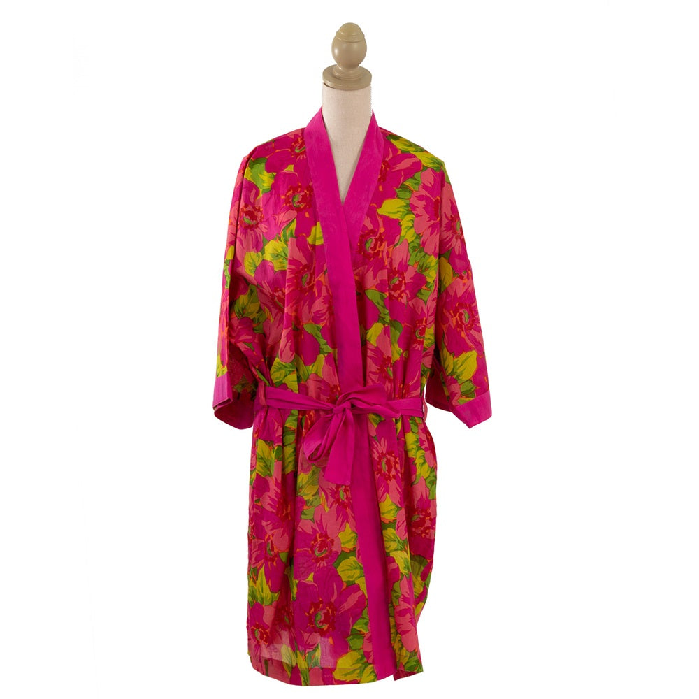 Vibrant fuchsia floral kimono, lightweight 100% cotton, knee-length, perfect for summer lounging and stylish outings.