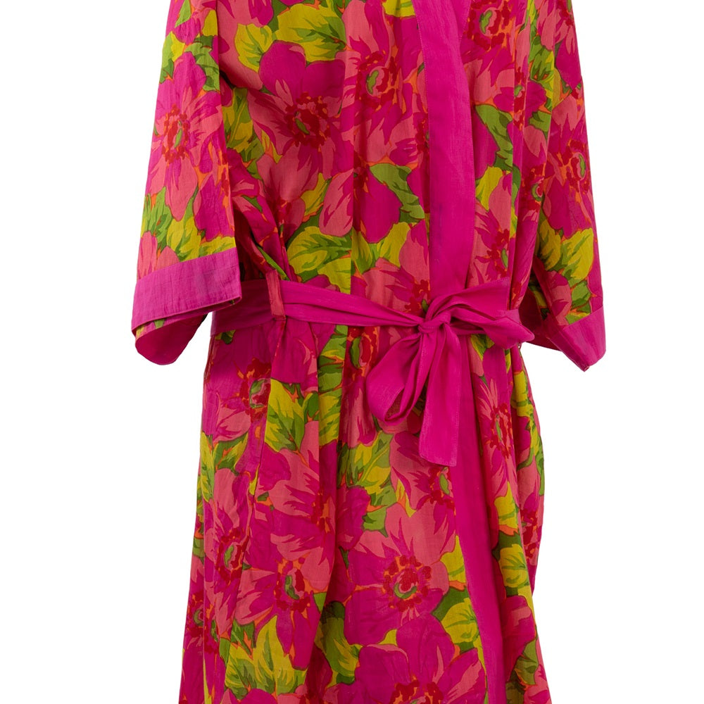 Vibrant fuchsia floral kimono robe, lightweight cotton, knee-length, perfect for summer lounging or travel, sizes M/L.