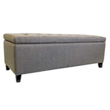 Natural linen fabric chest with birch wood legs, ideal for bedroom storage, measuring 1220 x 460 x 440mm.