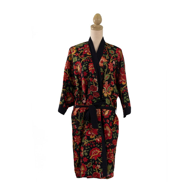 Lightweight black floral kimono robe, knee-length, 100% cotton, perfect for summer wear and travel.