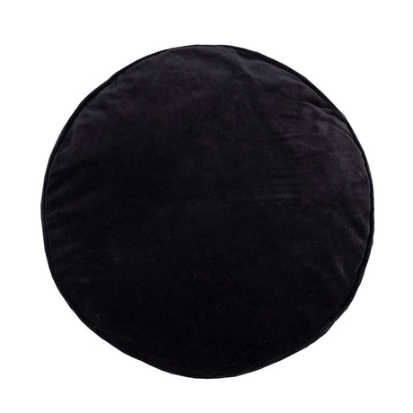 Round black velvet cushion with cotton backing, elegant piping, 50cm diameter, perfect for stylish home decor.