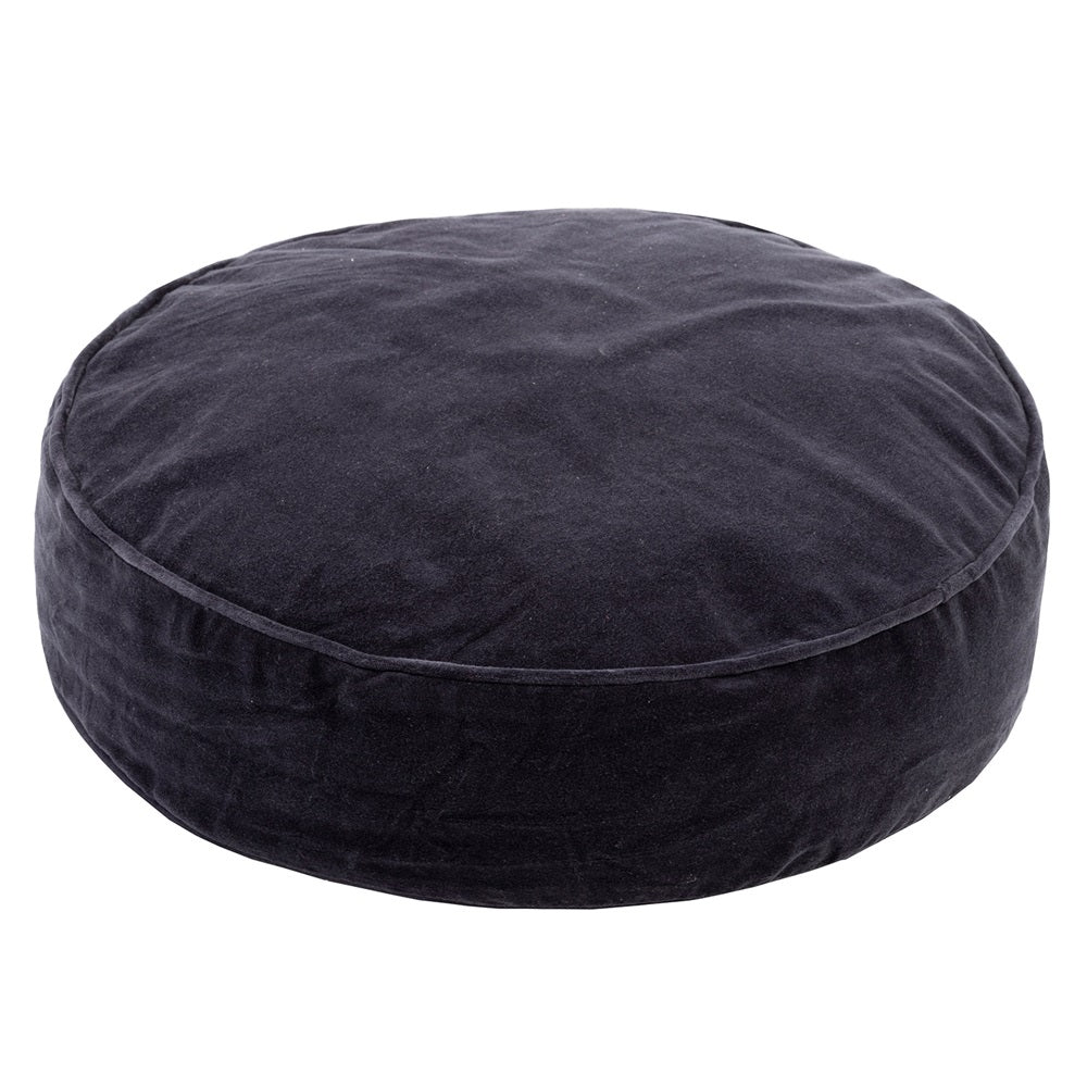 Elegant black onyx round cushion in plush cotton velvet, perfect for stylish decor and comfort.