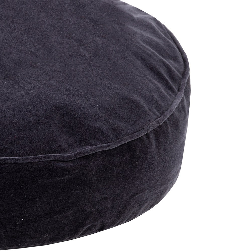 Round black onyx velvet and cotton cushion, 50cm diameter, plush, elegant with refined piping for stylish decor.