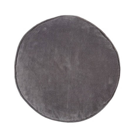 Round charcoal velvet cushion with cotton reverse, plush 50cm diameter, elegant piping, adding luxury to any decor.