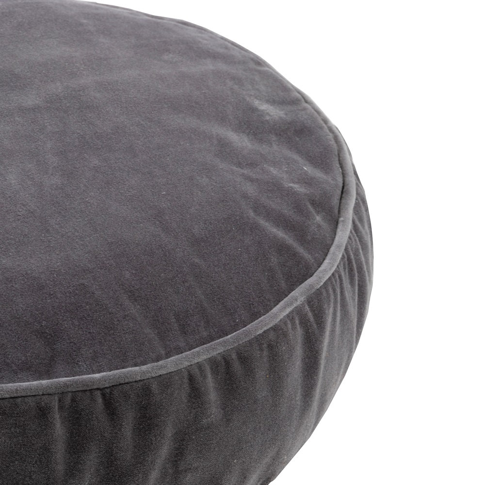 Luxurious round cushion in charcoal velvet/cotton, 50cm diameter, plush design with elegant piping, perfect for home decor.