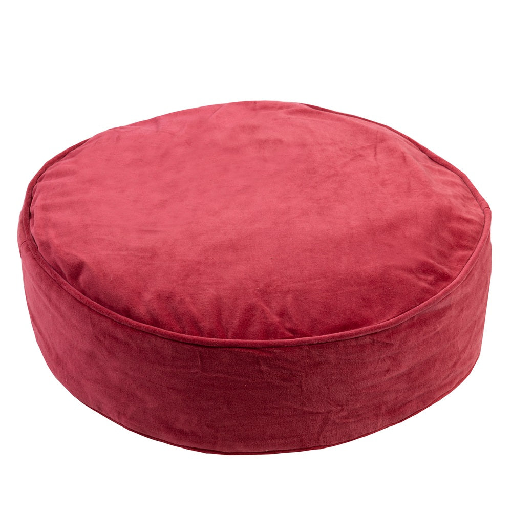 Round cushion in vibrant Chilli Pepper red, made of cotton velvet, offering comfort and style for any room.