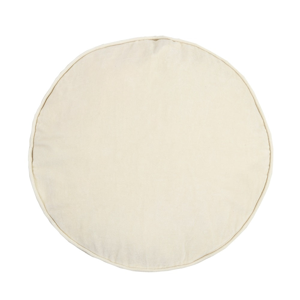 Round bone white velvet and cotton cushion with piping; plush and stylish accent for home decor.