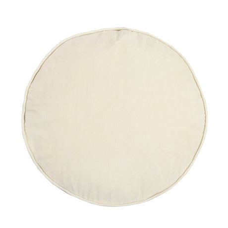 Round bone white velvet and cotton cushion with piping; plush and stylish accent for home decor.