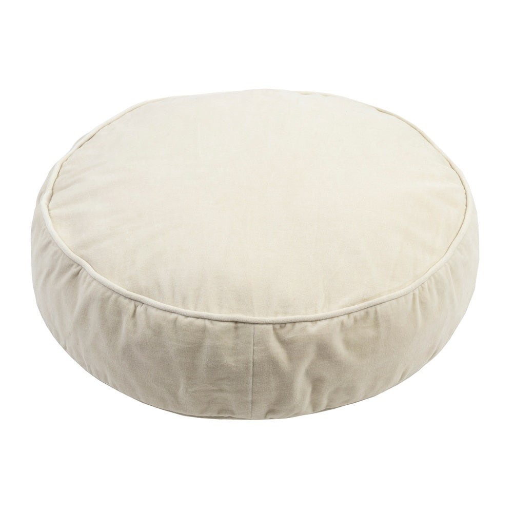 Round velvet and cotton cushion in Bone White, featuring plush filling, refined piping, and a chic design for stylish decor.