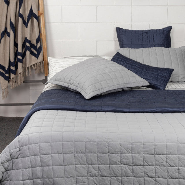 Queen Quilt Logan Grid in grey, 220x240cm, featuring a modern grid pattern, soft cotton, and plush polyester fill for cozy comfort.