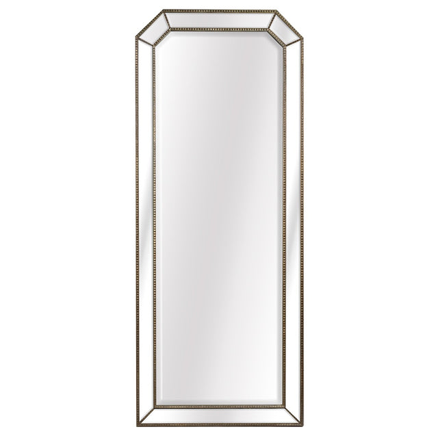 Elegant arch mirrored dress mirror with a champagne finish and solid mahogany frame, perfect for stylish home decor.