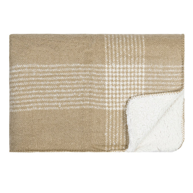 Soft Sherpa throw in camel color, featuring plush fleece and acrylic weave, ideal for cozy evenings at home.