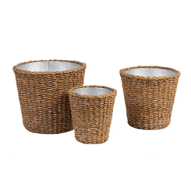 Handcrafted seagrass baskets set of 3 with metal liners, perfect for stylish storage and eco-friendly decor.
