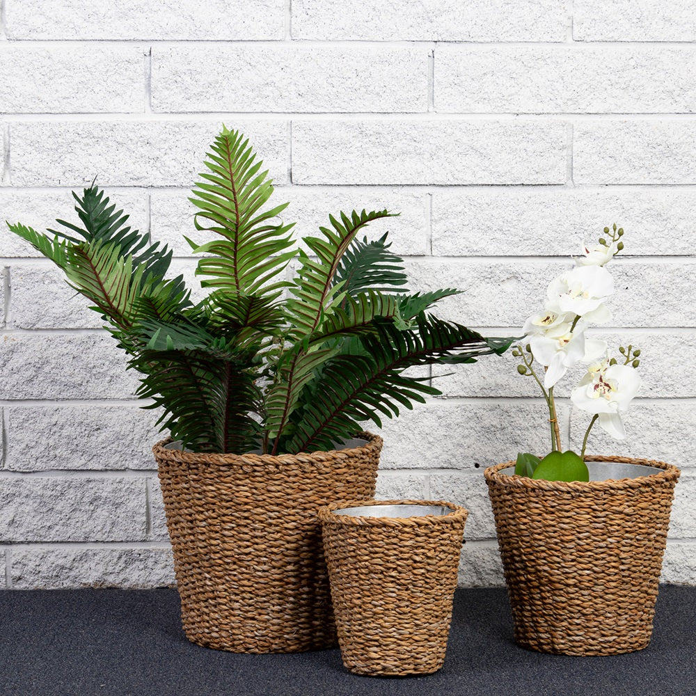 Set of 3 handcrafted seagrass baskets with metal liners, perfect for stylish storage and eco-friendly home decor.