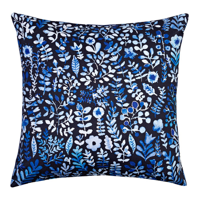 Deep Blues Square Cushion (45x45cm) with blue floral design on black, made of cotton, filled for comfort and style.