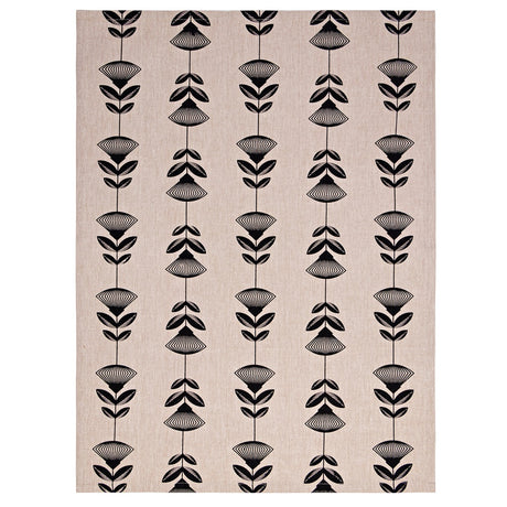 Black Pohutukawa tea towel featuring symmetrical floral designs, 100% cotton, 50 x 70cm with hanging loop for easy storage.