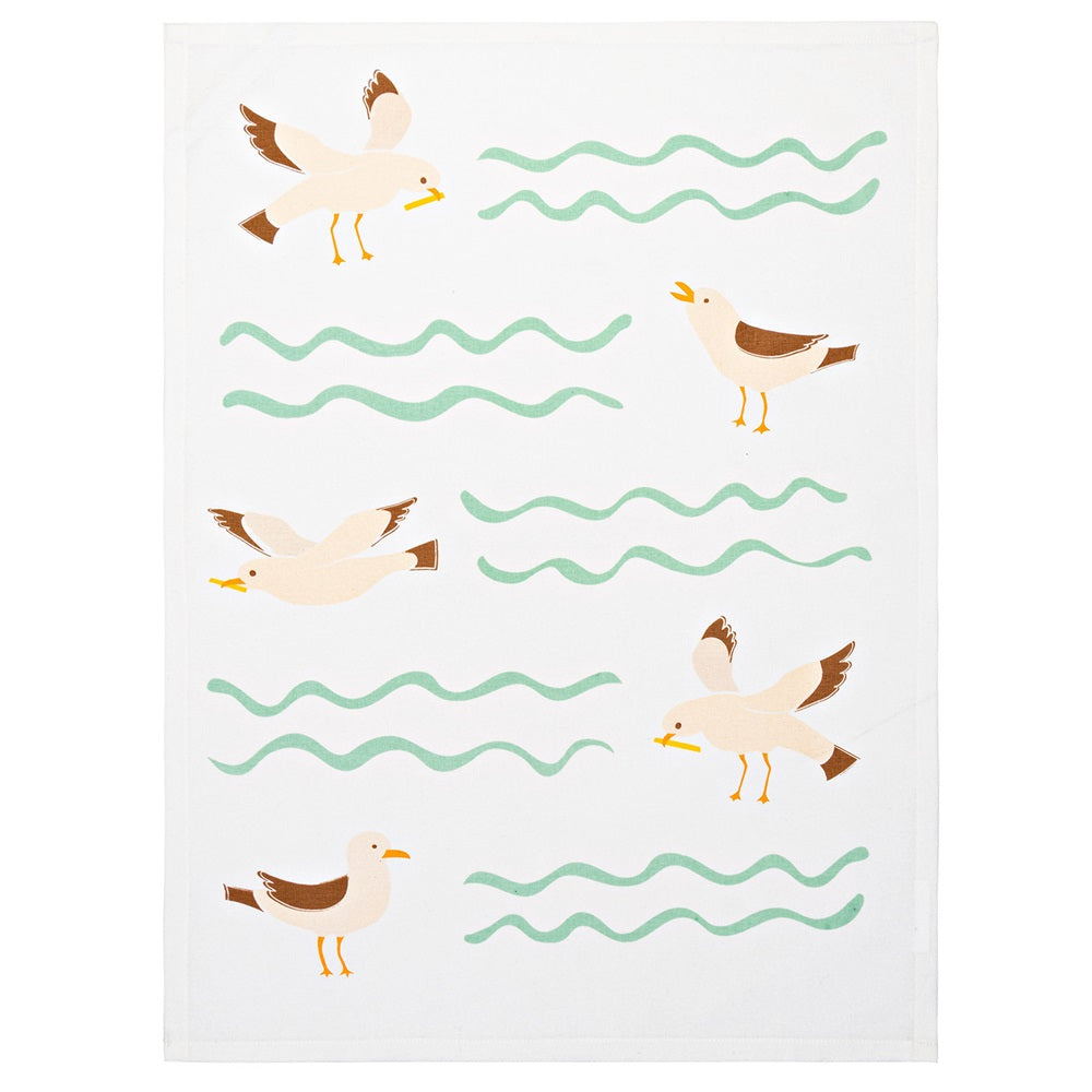 Colorful beach-themed tea towel featuring seagulls, 100% cotton, 50 x 70cm, perfect for drying and hanging.