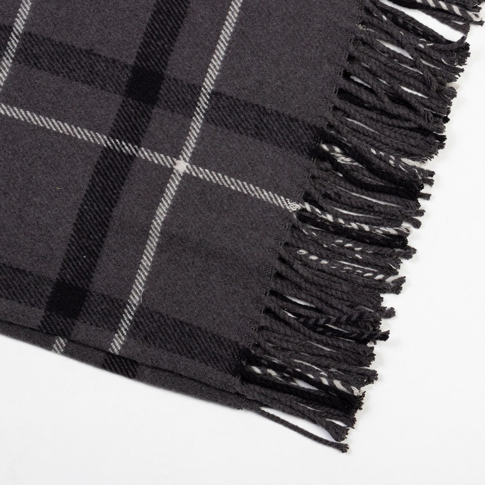 Stylish Lochy CHARCOAL throw blanket with plaid pattern and fringe, crafted in Portugal for comfort and elegance.