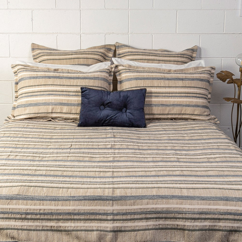 Chic blue and natural striped Queen duvet cover, crafted from linen and cotton for comfort and durability, 210x210 cm.