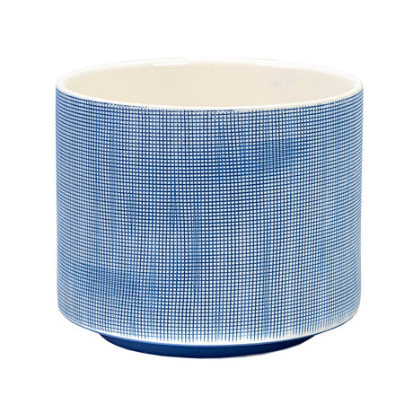 Vibrant blue and white check-patterned planter pot, perfect for indoor plants, measuring 160 x 185 x 185mm.