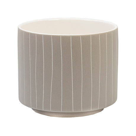 Medium beige planter pot with white vertical lines, perfect for indoor plants and enhancing decor. Measures 160mm x 185mm.