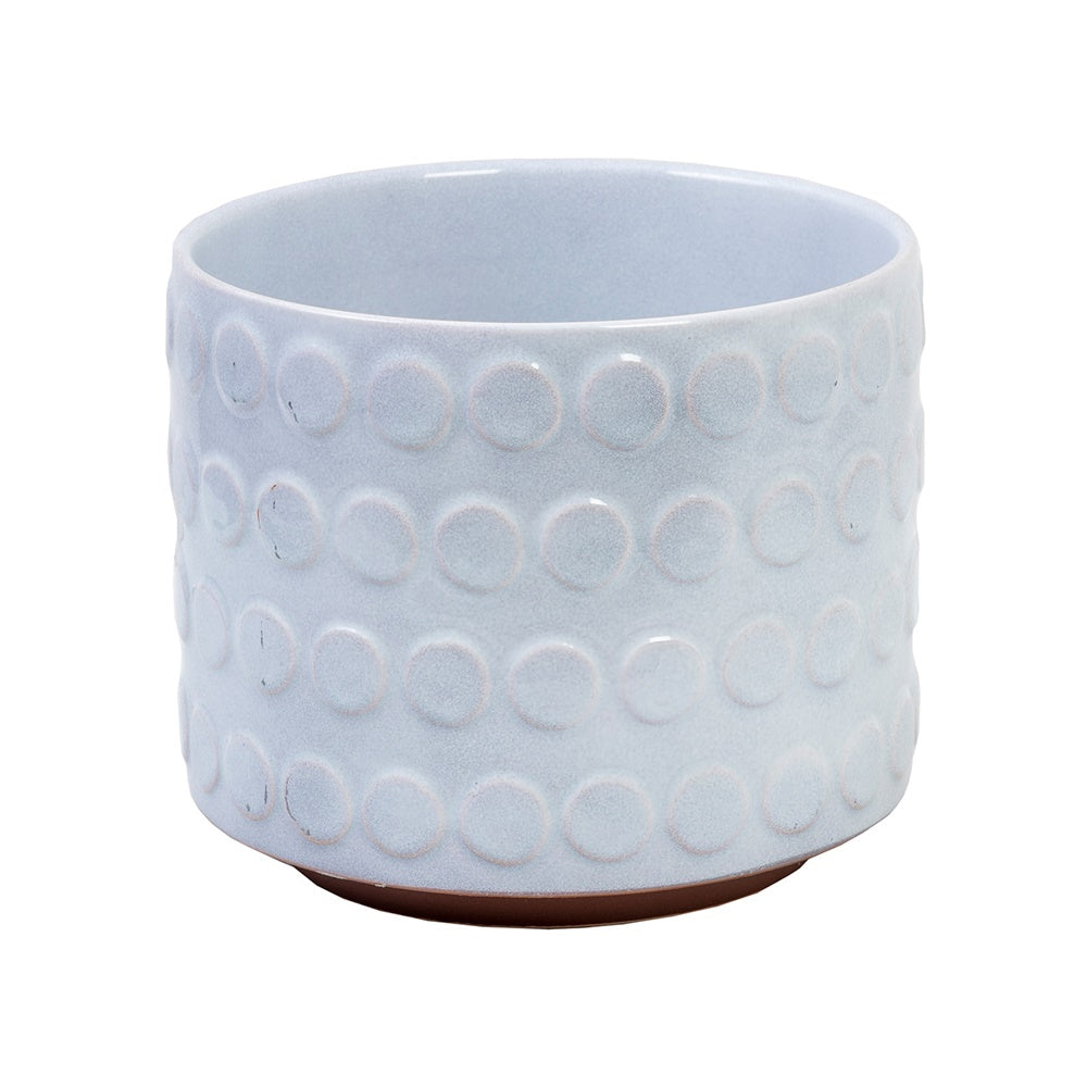 White stoneware planter pot with high gloss finish and embossed dot pattern, measuring 160 x 190 x 190mm.