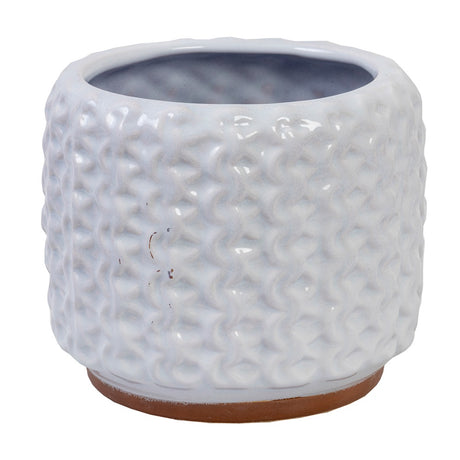 Glossy white wash planter pot with vertical chain pattern, measuring H180 x W215 x D215mm, perfect for indoor or outdoor decor.