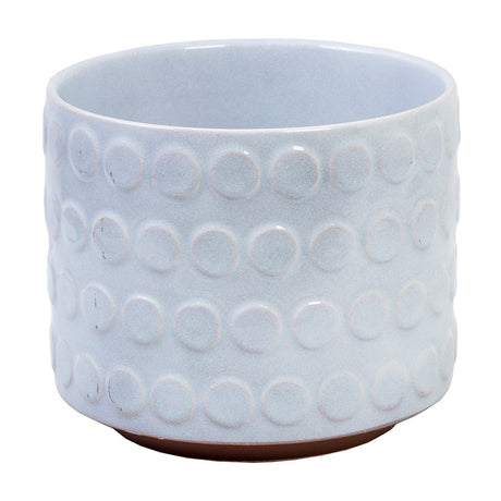 Large white stoneware planter pot with high gloss finish and raised dot pattern, perfect for indoor and outdoor greenery.