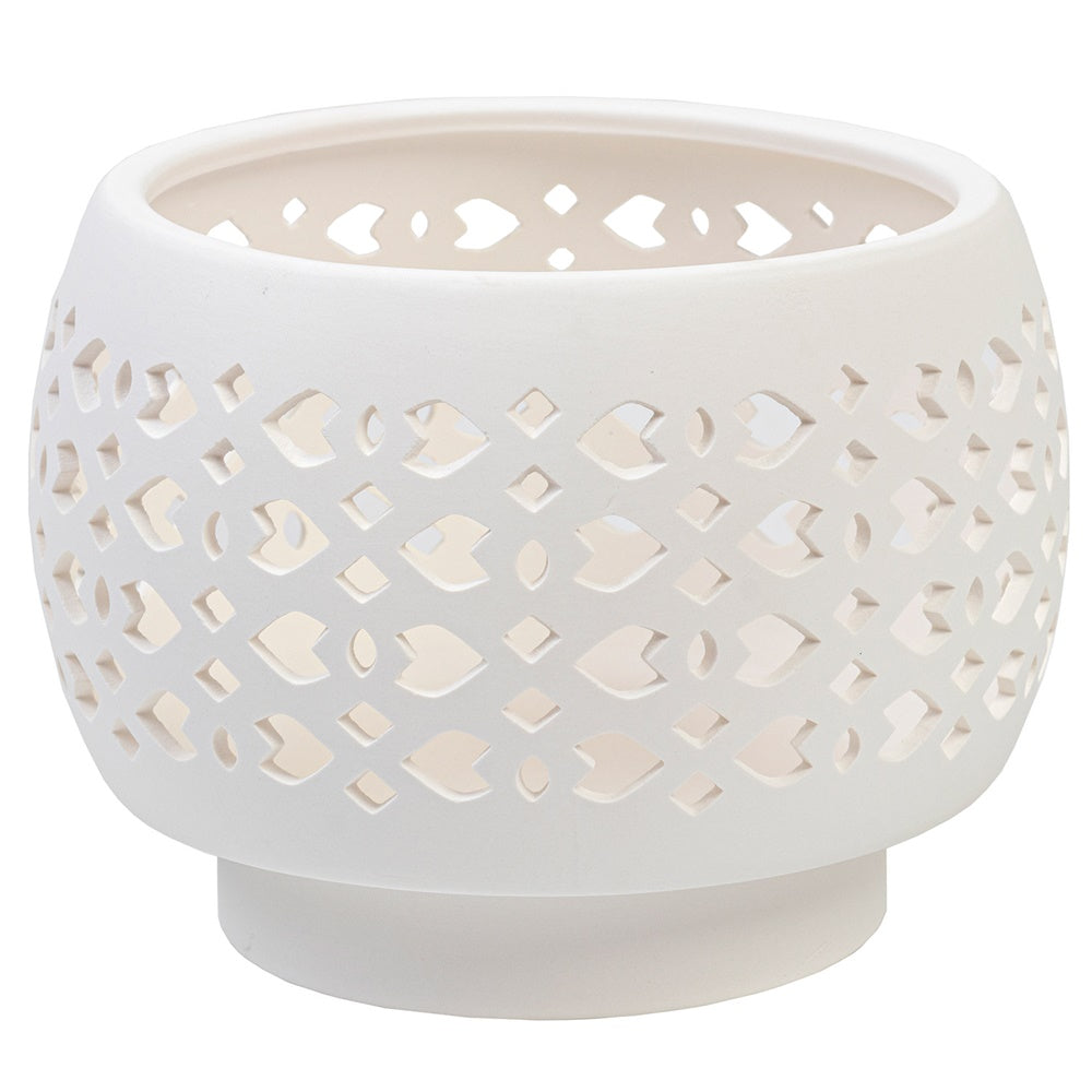 Elegant white planter pot with cut-out design, versatile for plants, candles, or decor, measuring 215x278x278mm.