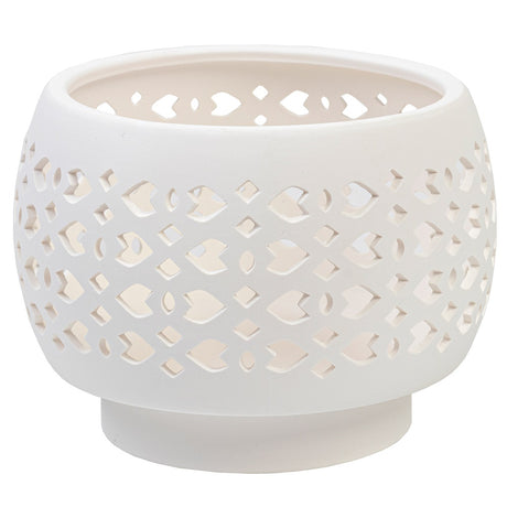 Elegant white planter pot with cut-out design, versatile for plants, candles, or decor, measuring 215x278x278mm.