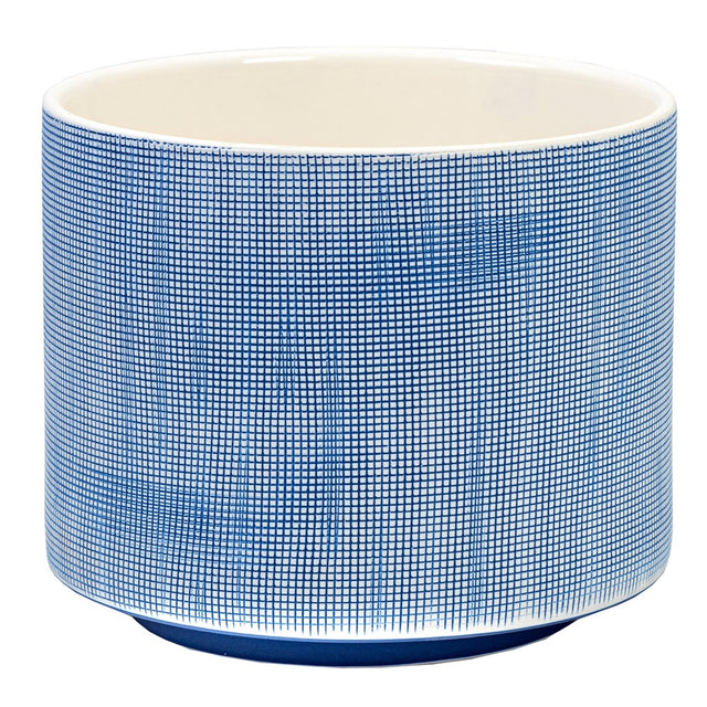 Vibrant blue check-patterned planter pot, 220mm tall, perfect for showcasing larger plants in home or office decor.