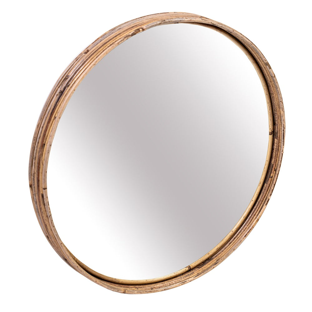 Rattan Ii Striped Mirror, 500mm diameter, adds natural elegance to any space with its crafted rattan frame and striped design.