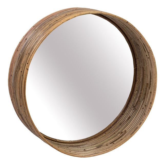 Round grey mirror with striped woven rattan frame, 600mm diameter, perfect for enhancing any room's decor.