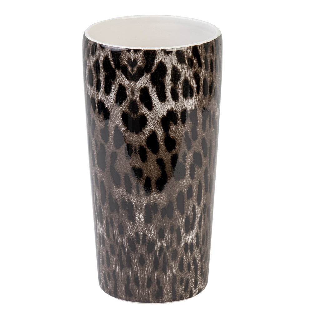 Large leopard spots vase in glossy dolomite, perfect for flowers or standalone décor, measuring 220 x 115mm.