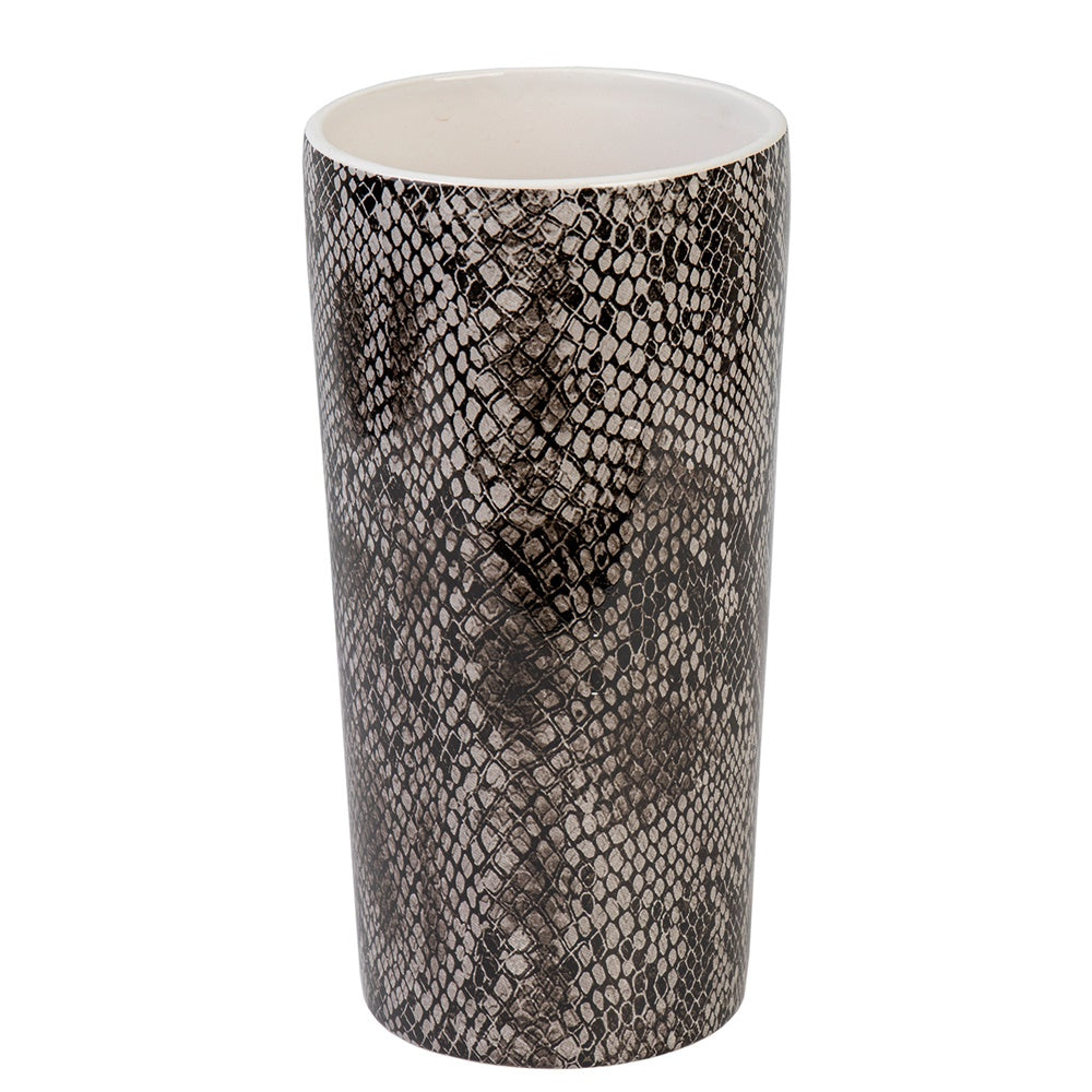 Large dolomite vase with a snake skin pattern, glossy finish, ideal for flowers or as a striking decor piece.