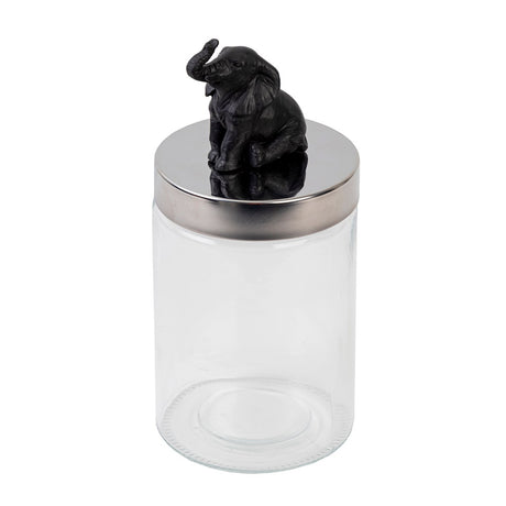 Stylish black glass jar with elephant lid, perfect for home decor and organization, measuring H250 x W115mm.