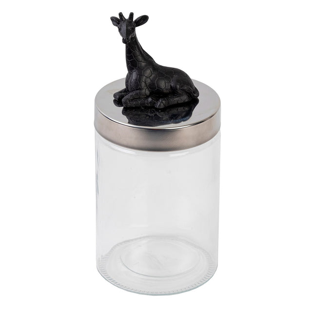 Elegant black giraffe glass jar with a resin lid, perfect for stylish storage in any home decor. Measures 260x115mm.