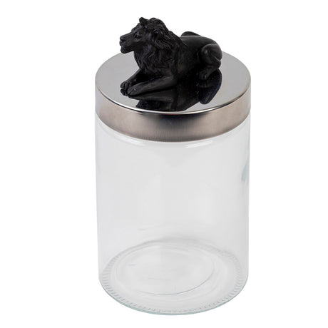 Black glass jar with elegant lion lid, measuring H225 x W115mm, perfect for stylish storage and home decor.