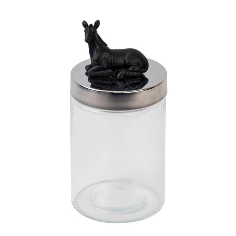 Elegant black horse figurine atop a glass jar, perfect for stylish storage and decor, measuring 235mm high and 115mm wide.