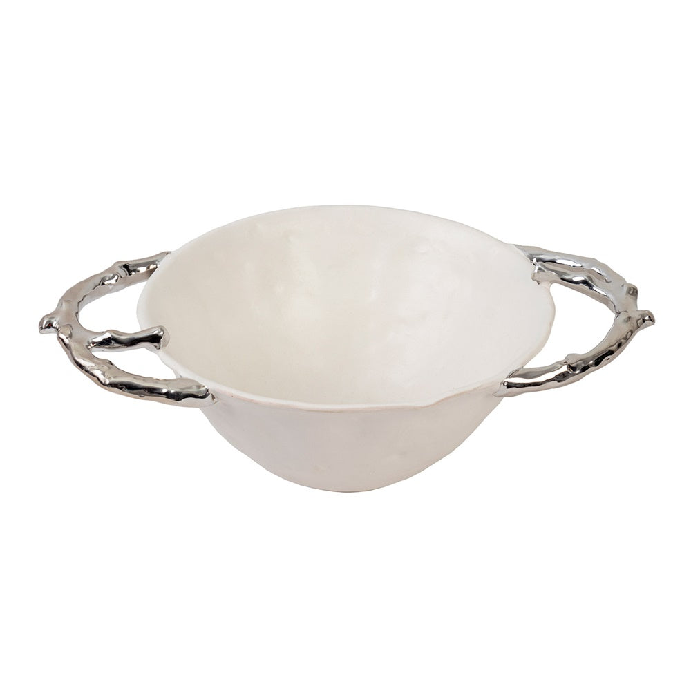 Elegant white round bowl with silver branch handles, perfect for serving or as a decorative accent, 110 x 230mm.