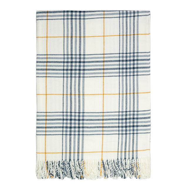 Luxurious Awanui Throw in ochre, blues, and ecru, measuring 127 x 178cm; ideal for enhancing home decor with comfort.